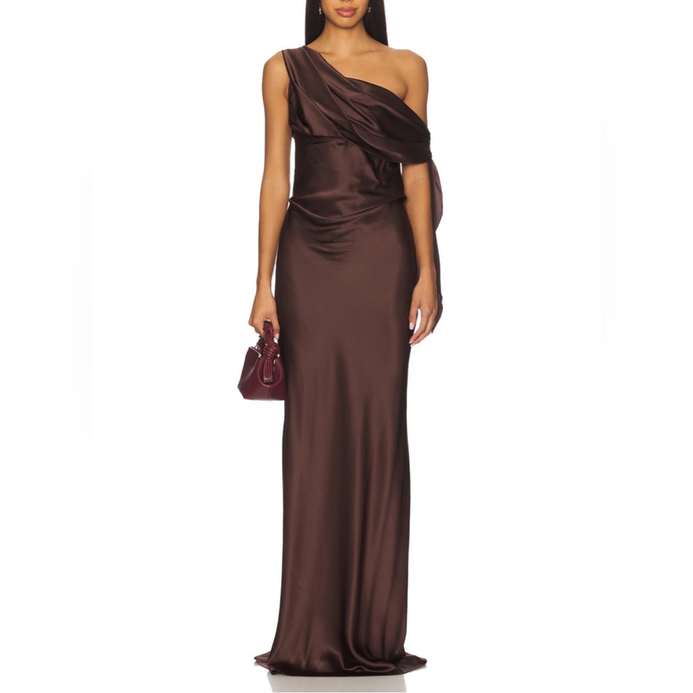 One-Shoulder 100% Silk Satin Evening Gown in Chocolate Brown - Picture 4 of 12